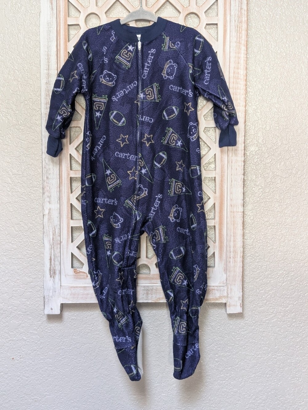 Vintage Carter's Kids boy 2t zip up footed pajamas blue fleece sports football